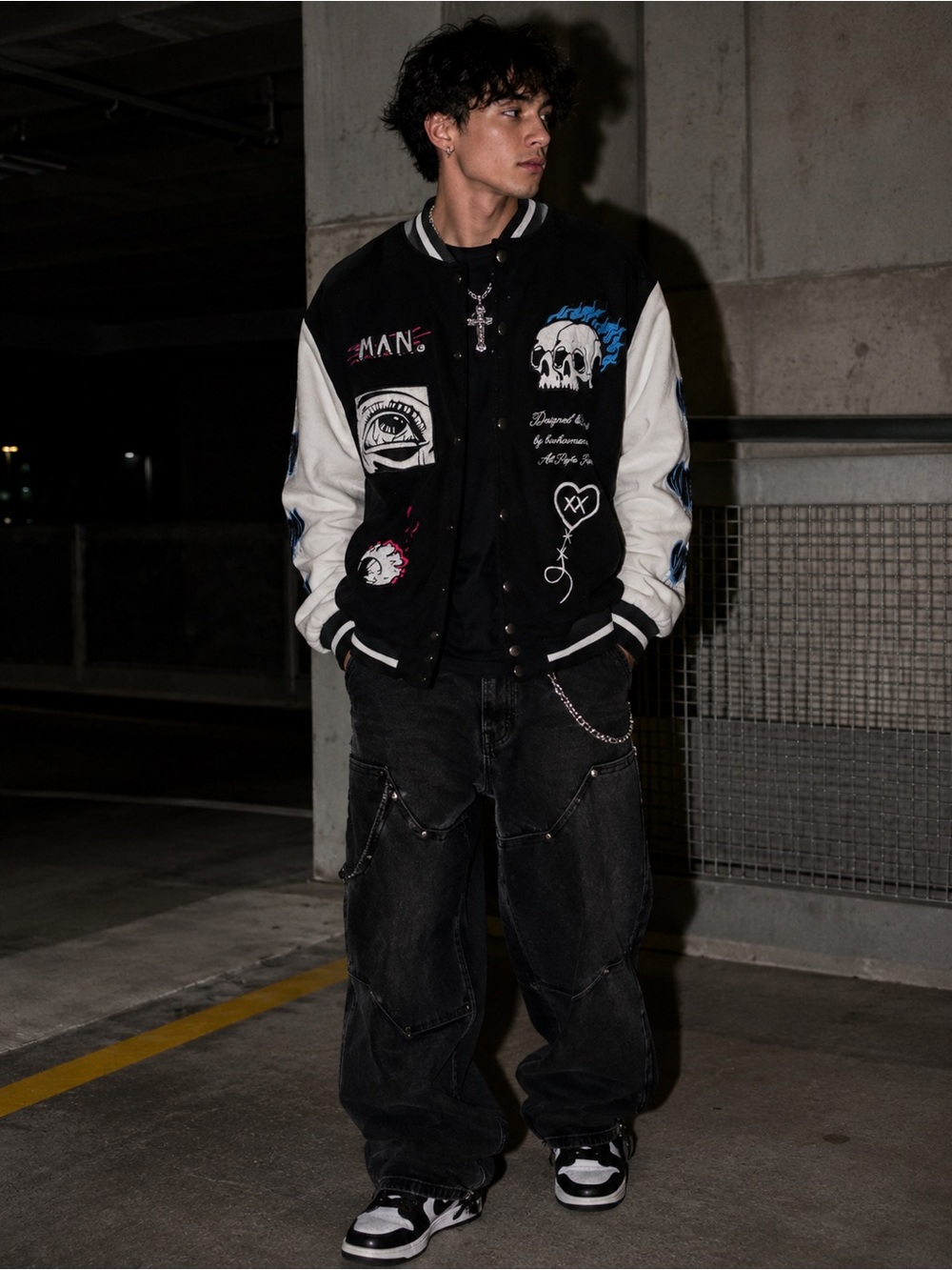 BoohooMAN MAN Skull Varsity Jacket Black White Size S